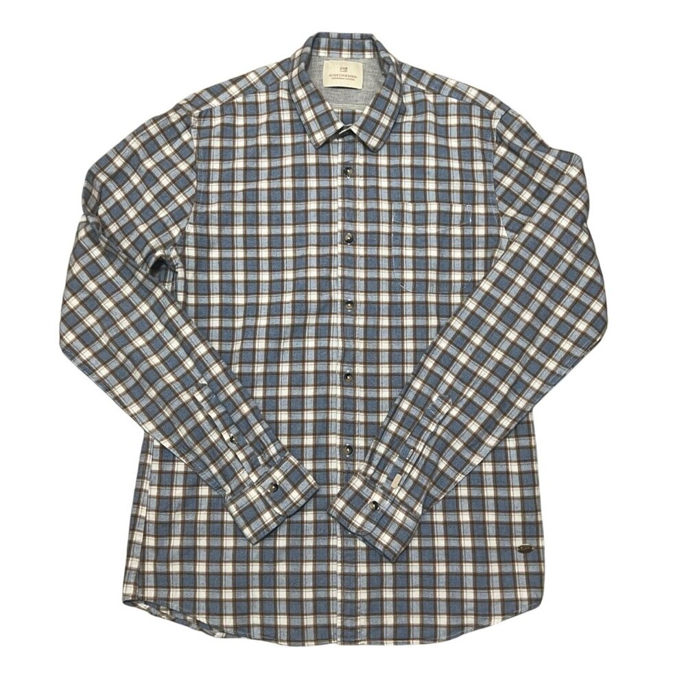 Scotch & Soda Mens Large Blue & Brown Plaid Button-Down Shirt 100% Cotton Long S